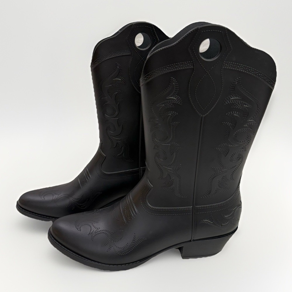 Womans Cowboy Rubber Rain Boots Sz 10 Black Pull On Water Resistant Southwestern